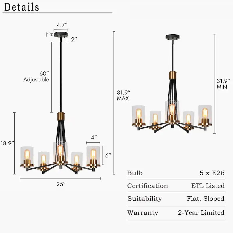 Lustre suspendu moderne et contemporain à 5 lumières, noir et or, en verre, pour salle à manger - D 25 x H 7,5