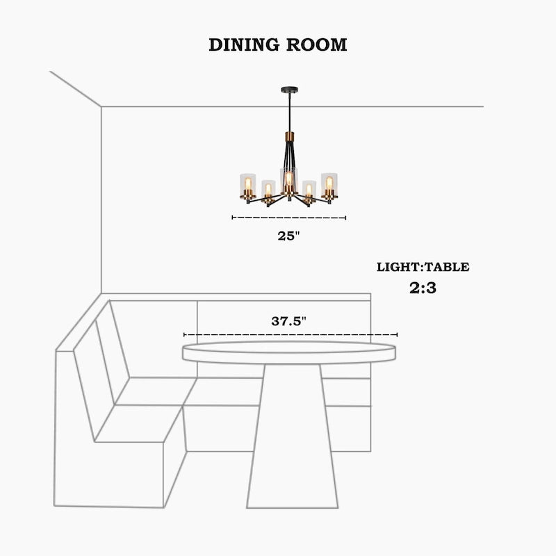 Lustre suspendu moderne et contemporain à 5 lumières, noir et or, en verre, pour salle à manger - D 25 x H 7,5