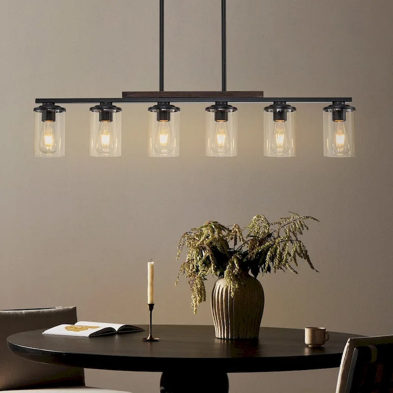 Lustre linéaire Starsky à 6 lumières, style ferme moderne, avec abat-jour cylindrique en verre, idéal pour îlot de cuisine.