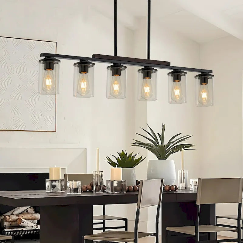 Lustre linéaire Starsky à 6 lumières, style ferme moderne, avec abat-jour cylindrique en verre, idéal pour îlot de cuisine.