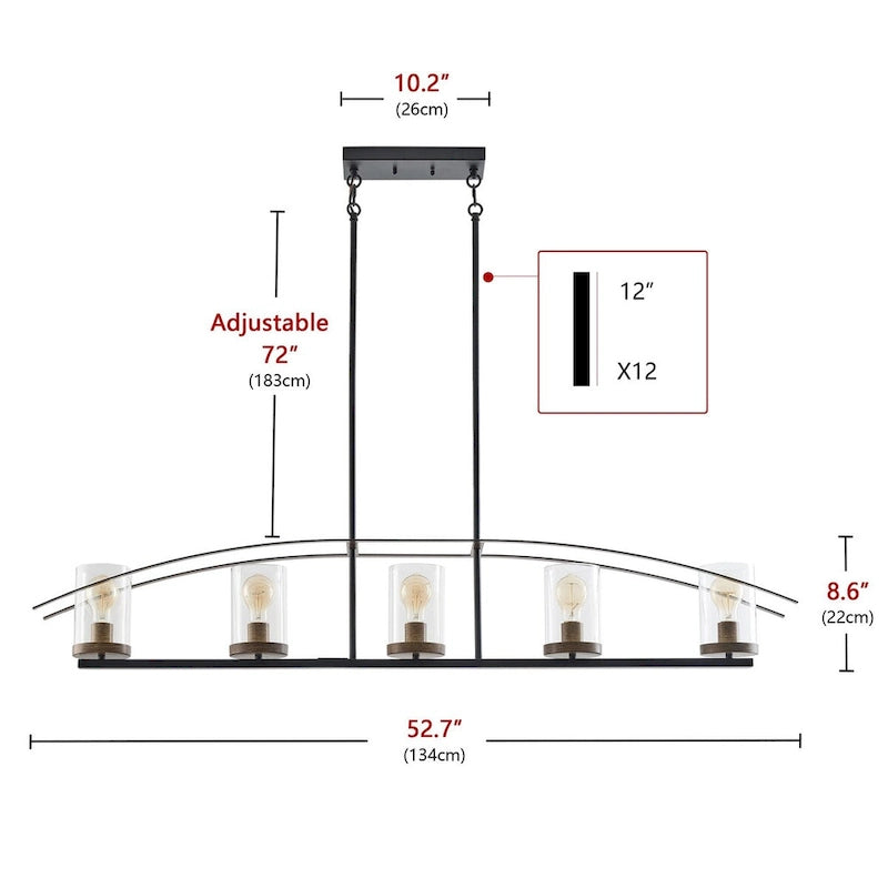 Lustre arqué à 5 lumières en verre à intensité variable et réglable pour îlot de cuisine - 52,7 cm P x 6,7 cm L x 80,6 cm H (réglable)