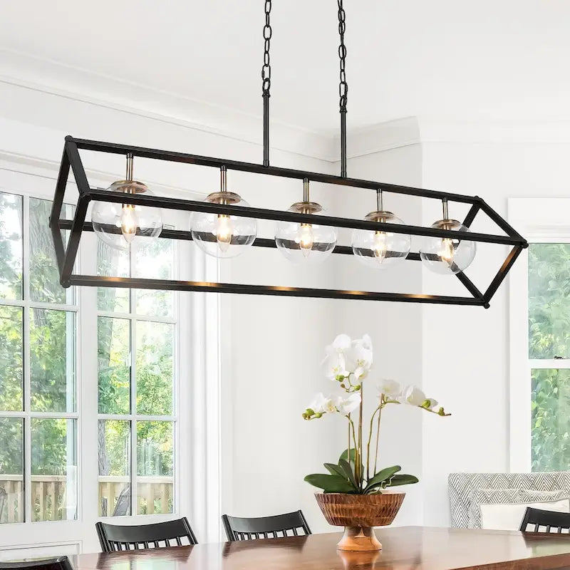 Torin Modern 5-Light 41.5  Black Gold Geometric Chandelier Globe Glass Kitchen Island Pendant Lights - 41.5  L x 12  W x 19.5  H