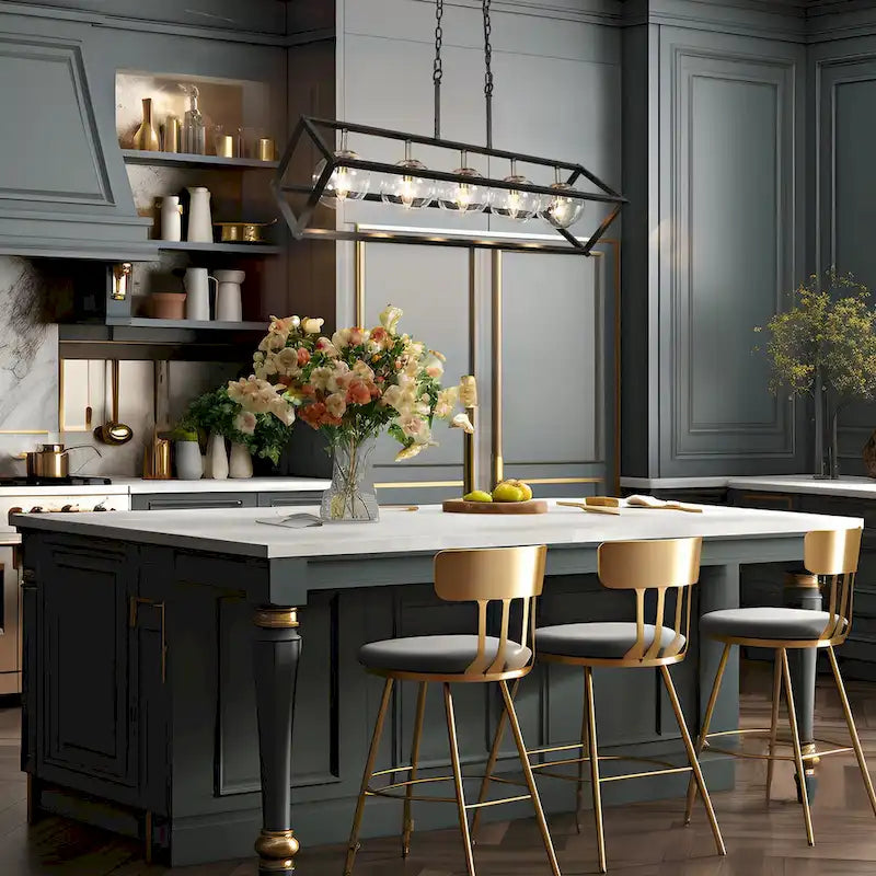 Lustre Torin moderne à 5 lumières, style géométrique, noir et or, globe en verre, suspension pour îlot de cuisine - 41,5 cm (L) x 12 cm (l) x 19,5 cm (H)