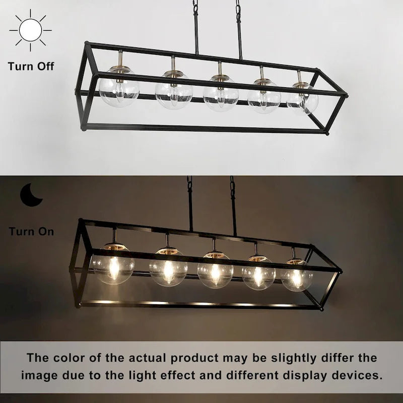 Lustre Torin moderne à 5 lumières, style géométrique, noir et or, globe en verre, suspension pour îlot de cuisine - 41,5 cm (L) x 12 cm (l) x 19,5 cm (H)