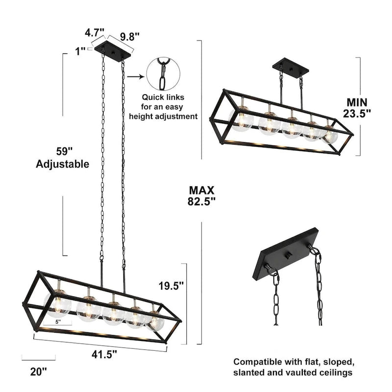 Lustre Torin moderne à 5 lumières, style géométrique, noir et or, globe en verre, suspension pour îlot de cuisine - 41,5 cm (L) x 12 cm (l) x 19,5 cm (H)