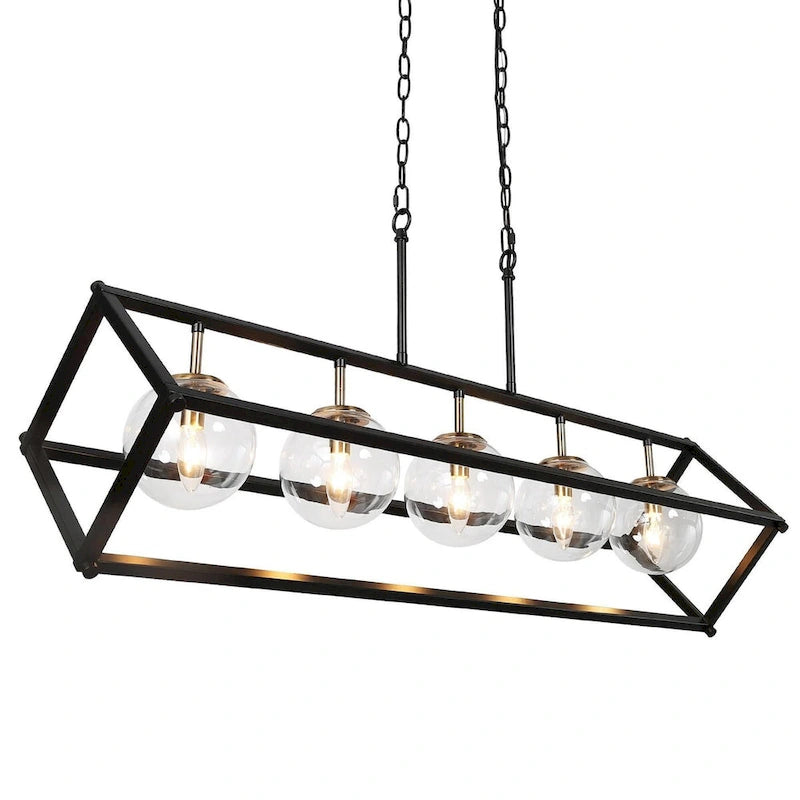 Lustre Torin moderne à 5 lumières, style géométrique, noir et or, globe en verre, suspension pour îlot de cuisine - 41,5 cm (L) x 12 cm (l) x 19,5 cm (H)