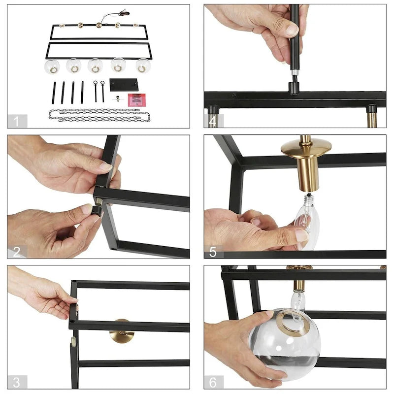 Lustre Torin moderne à 5 lumières, style géométrique, noir et or, globe en verre, suspension pour îlot de cuisine - 41,5 cm (L) x 12 cm (l) x 19,5 cm (H)