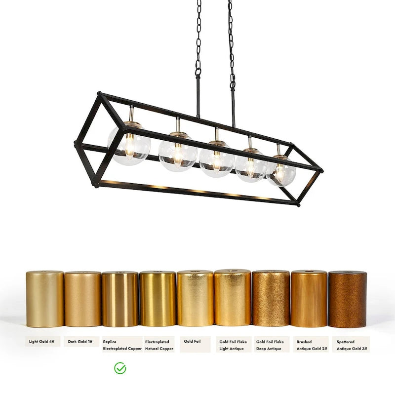 Lustre Torin moderne à 5 lumières, style géométrique, noir et or, globe en verre, suspension pour îlot de cuisine - 41,5 cm (L) x 12 cm (l) x 19,5 cm (H)