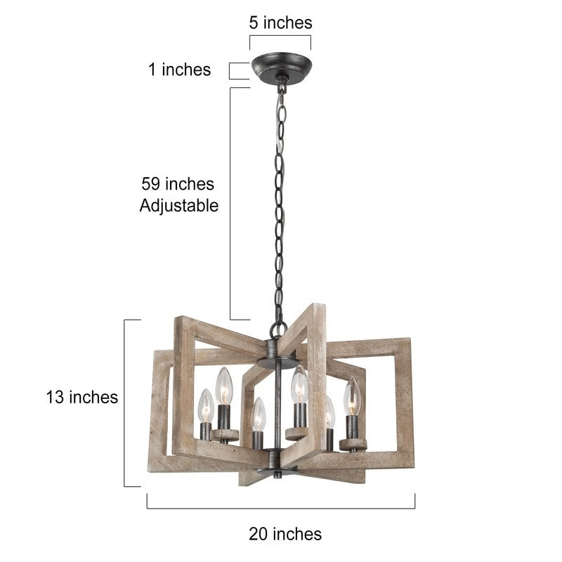Lustre rustique Loby Farmhouse à 6 lumières, style lanterne géométrique, en bois, pour hall d'entrée - D20 x H13