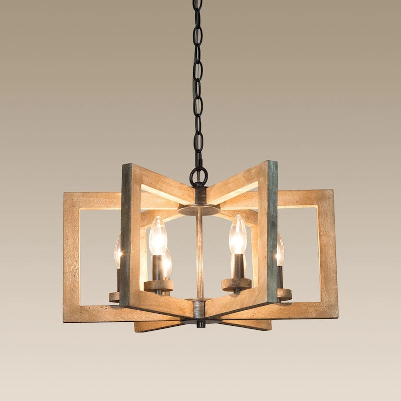 Lustre rustique Loby Farmhouse à 6 lumières, style lanterne géométrique, en bois, pour hall d'entrée - D20 x H13