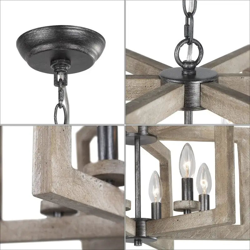 Lustre rustique Loby Farmhouse à 6 lumières, style lanterne géométrique, en bois, pour hall d'entrée - D20 x H13