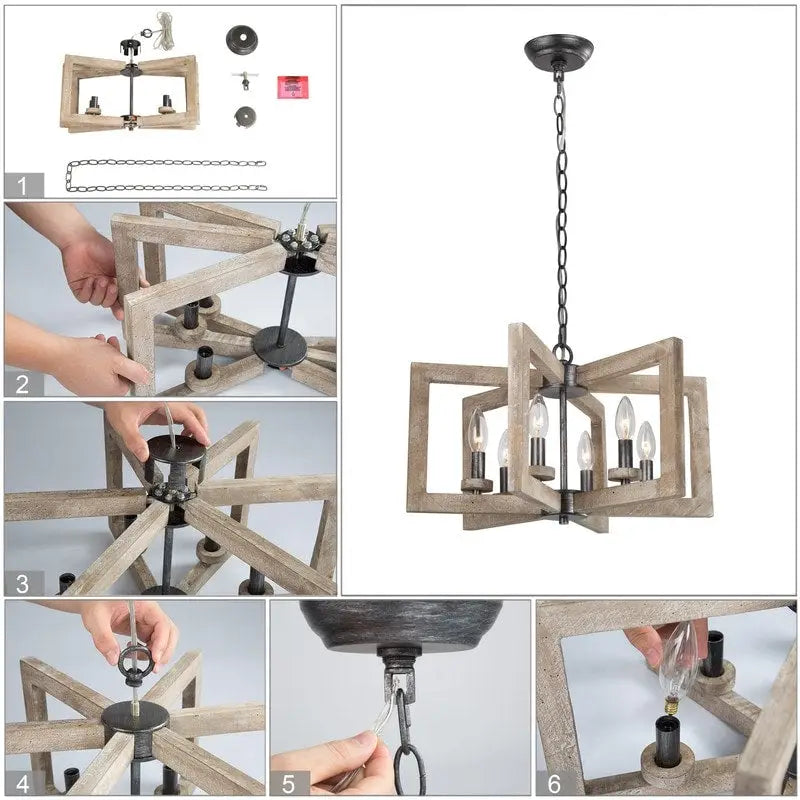 Lustre rustique Loby Farmhouse à 6 lumières, style lanterne géométrique, en bois, pour hall d'entrée - D20 x H13