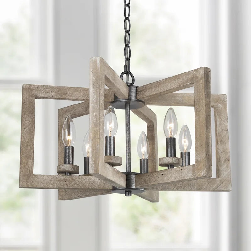 Lustre rustique Loby Farmhouse à 6 lumières, style lanterne géométrique, en bois, pour hall d'entrée - D20 x H13