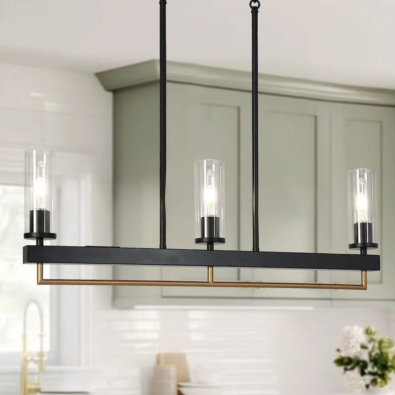 Modern Tradition 3-Light Chandelier Black Gold Kitchen Island Light Fixture with Clear Glass Shades for Dining Room - N/A