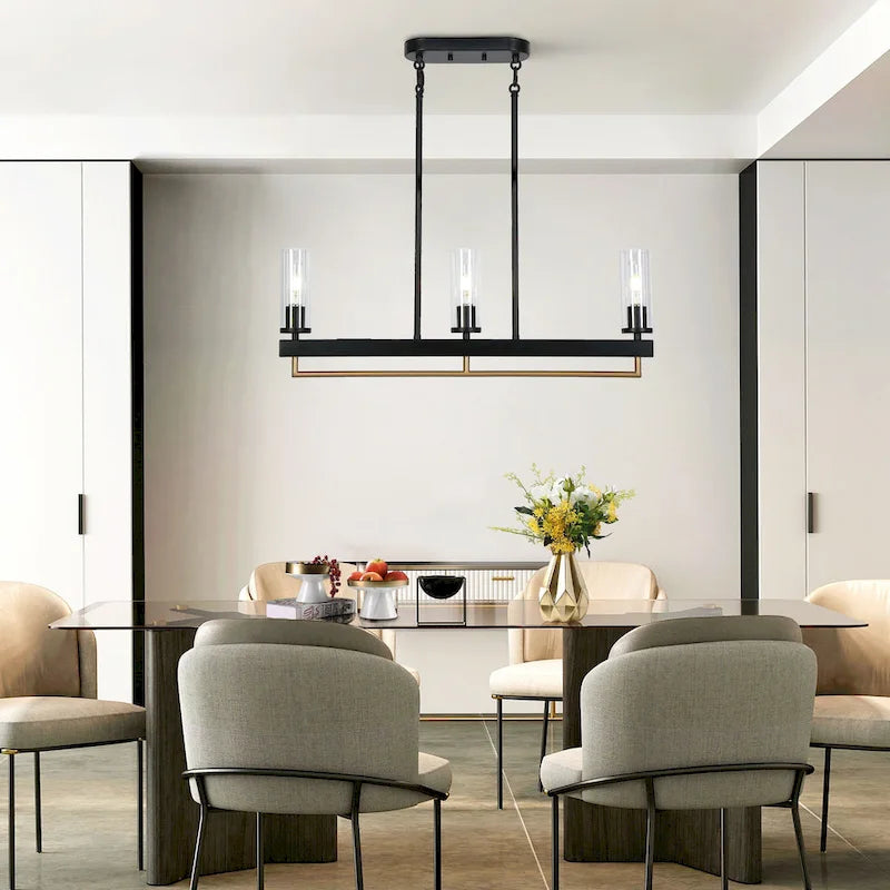 Lustre moderne traditionnel à 3 lumières, noir et or, avec abat-jour en verre transparent, idéal pour îlot de cuisine ou salle à manger.