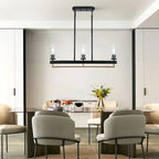 Lustre moderne traditionnel à 3 lumières, noir et or, avec abat-jour en verre transparent, idéal pour îlot de cuisine ou salle à manger.