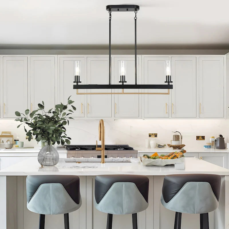 Lustre moderne traditionnel à 3 lumières, noir et or, avec abat-jour en verre transparent, idéal pour îlot de cuisine ou salle à manger.