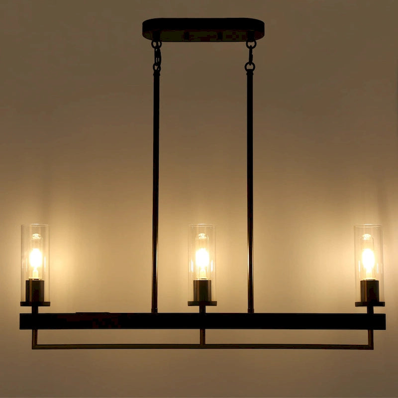 Lustre moderne traditionnel à 3 lumières, noir et or, avec abat-jour en verre transparent, idéal pour îlot de cuisine ou salle à manger.